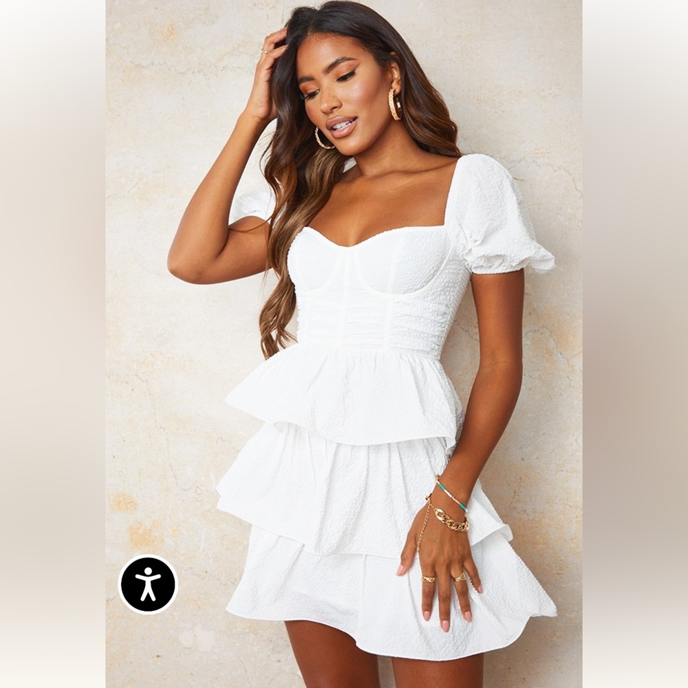 WHITE CRINKLE CUP DETAIL TIERED SKIRT SKATER DRESS size 0